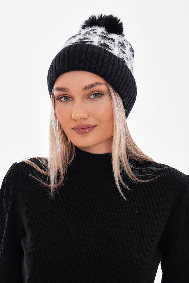 Axesoire Pompom Patterned Polar Fleece Inside Beanie Black Wholesale Clothing 0