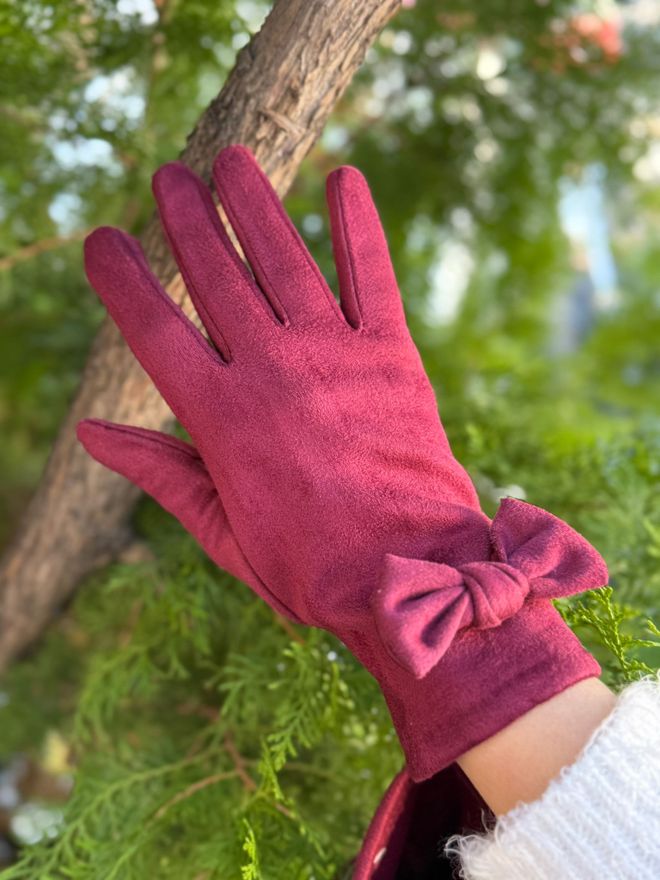 Axesoire Guanti In Pelle Scamosciata Con Fiocco Bordeaux Abbigliamento all'ingrosso 0