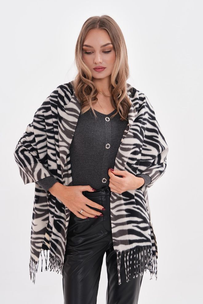 Axesoire Scialle Spesso Con Nappine Con Motivo Zebrato Nero Abbigliamento all'ingrosso 0
