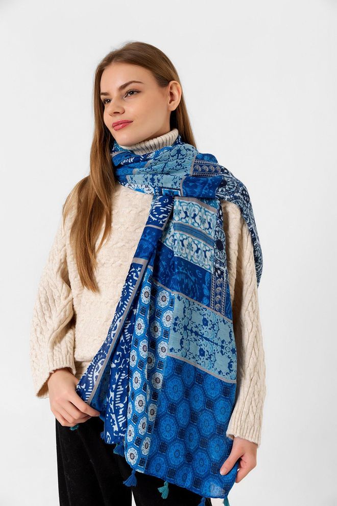 Axesoire Ethnic Patterned Tassel Shawl Blue Wholesale Clothing 0