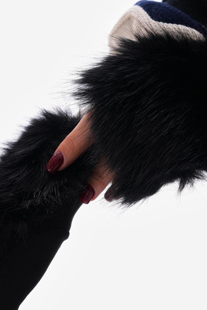 Axesoire İçi Süet Dışı Peluş Kürklü Eldiven Siyah Toptan Giyim 4