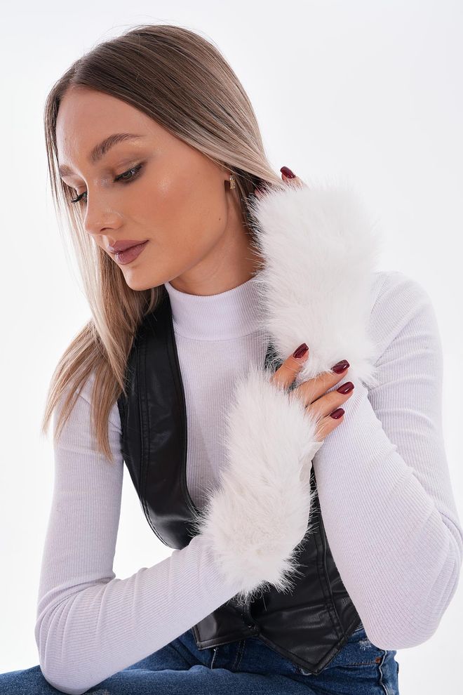 Axesoire İçi Süet Dışı Peluş Kürklü Eldiven Ekru Toptan Giyim 1