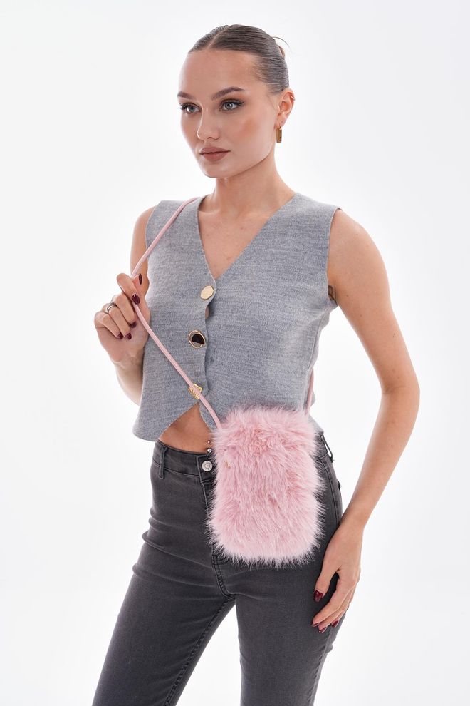 Axesoire İçi Kadife Astarlı Mini Peluş Çanta Pembe Toptan Giyim 3
