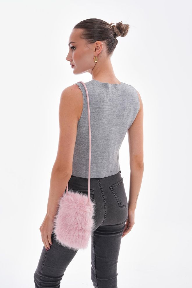 Axesoire İçi Kadife Astarlı Mini Peluş Çanta Pembe Toptan Giyim 2