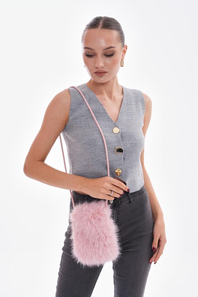 Axesoire İçi Kadife Astarlı Mini Peluş Çanta Pembe Toptan Giyim 4