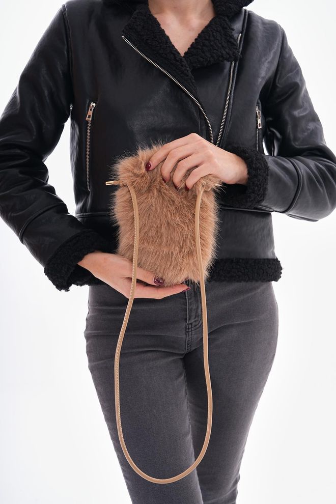 Axesoire Velvet Lined Mini Plush Bag Camel Wholesale Clothing 2