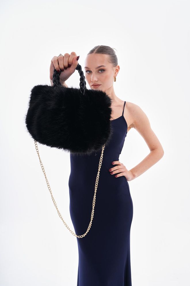 Axesoire Bolsa De Pelúcia Com Alça De Couro Pu Preto Roupas por atacado 1