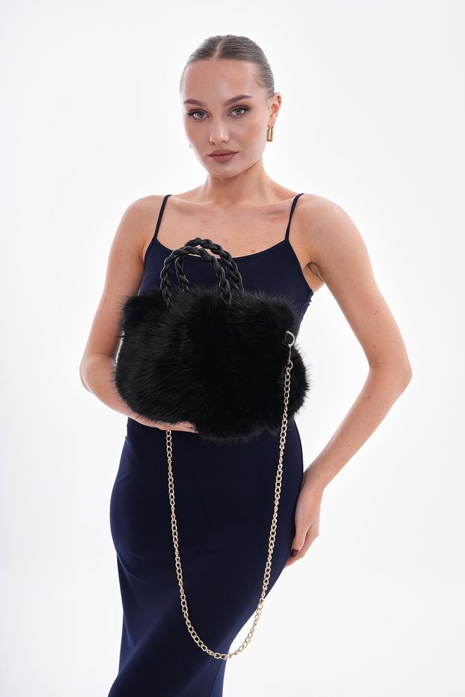 Axesoire Bolsa De Pelúcia Com Alça De Couro Pu Preto Roupas por atacado 2