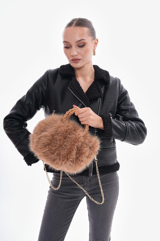 Axesoire Bolsa De Pelúcia Com Alça De Couro PU Camelo Roupas por atacado 2