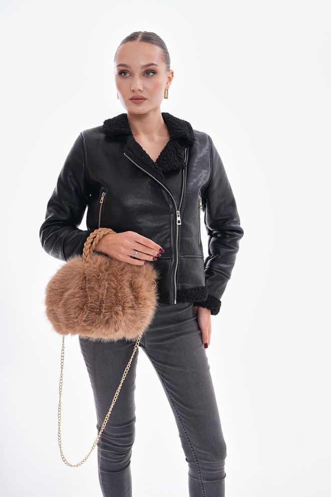 Axesoire Bolsa De Pelúcia Com Alça De Couro PU Camelo Roupas por atacado 1