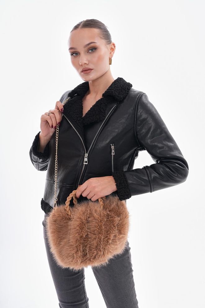Axesoire Λούτρινη Τσάντα Με Δερμάτινη Λαβή Pu Camel Χονδρικό εμπόριο ενδυμάτων 0