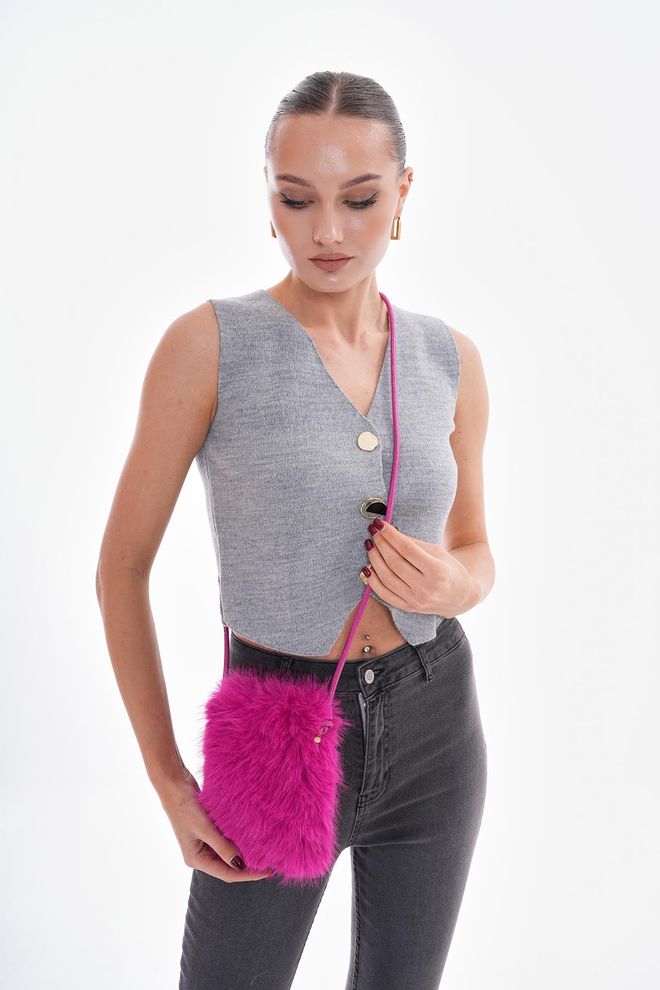 Axesoire İçi Kadife Astarlı Mini Peluş Çanta Fuşya Toptan Giyim 2