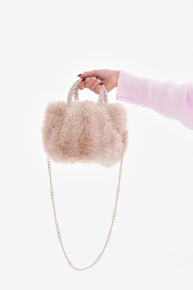 Axesoire Bolsa De Pelúcia Com Alça De Couro Pu Bege Roupas por atacado 4