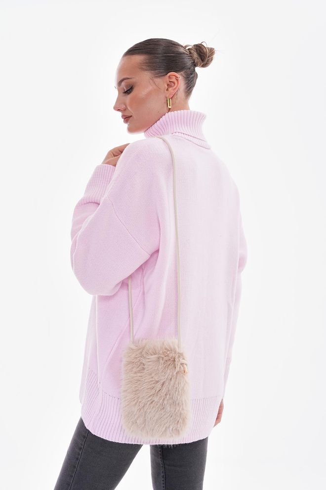 Axesoire İçi Kadife Astarlı Mini Peluş Çanta Bej Toptan Giyim 1