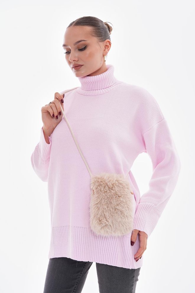 Axesoire İçi Kadife Astarlı Mini Peluş Çanta Bej Toptan Giyim 0