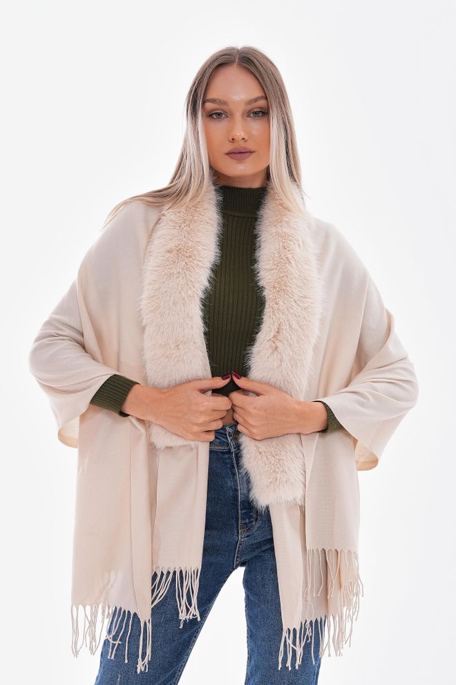 Axesoire Fur Tassel Poncho Beige Wholesale Clothing Casual