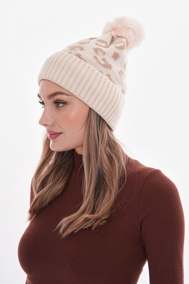 Axesoire Baret S Brmbolcom S Leopardím Vzorom Fleece Podšitý Ecru Veľkoobchod s oblečením 0