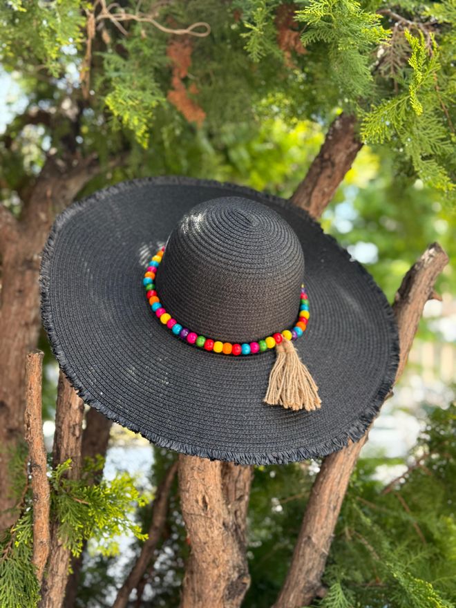 Axesoire Bead Stone Accessory Fringed Wide Straw Hat Black Wholesale Clothing 0