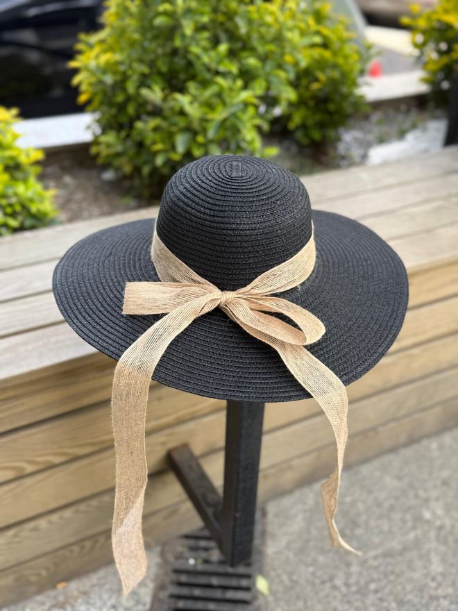 Axesoire Wide Straw Hat With Jute Rope Bow Black Wholesale Clothing 0
