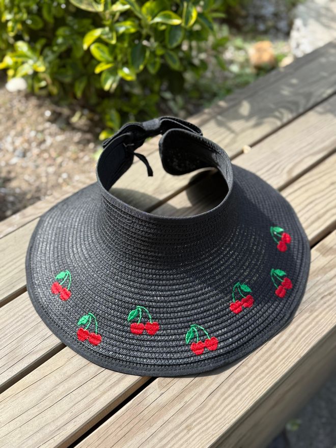 Axesoire Wide Top Open Straw Visor Hat With Cherry Embroidery With Bow Black Wholesale Clothing 0
