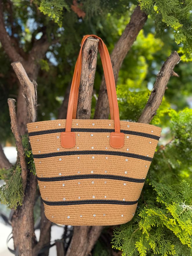Axesoire Striped Black Straw Bag With Stones On Top Camel Wholesale Clothing 0