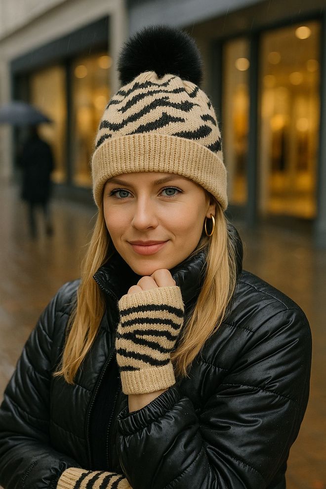 Axesoire Handschoenmuts Met Zachte Textuur En Zebrapatroon Dubbele Set Mink Groothandel Kleding 0