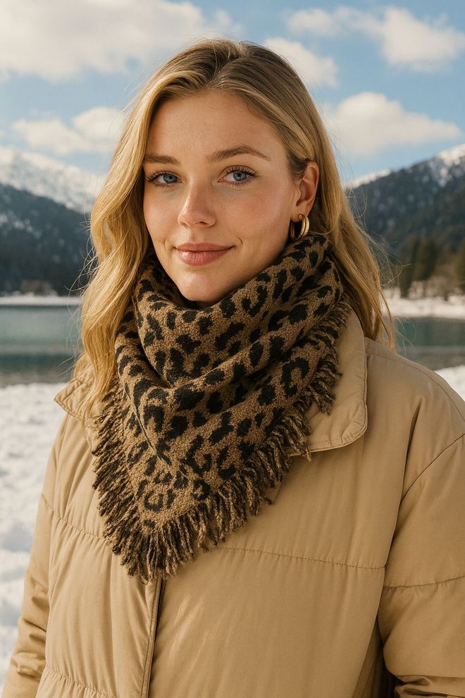Axesoire Šatka S Leopardím Vzorom Strapcom Trojuholníková Šatka 55x180 Cm Camel Veľkoobchod s oblečením 0