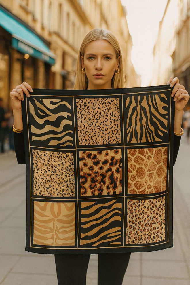 Axesoire Schwarzes Elegantes Halstuch Mit Tiermuster Und Patchwork Großhandelskleidung Lässig