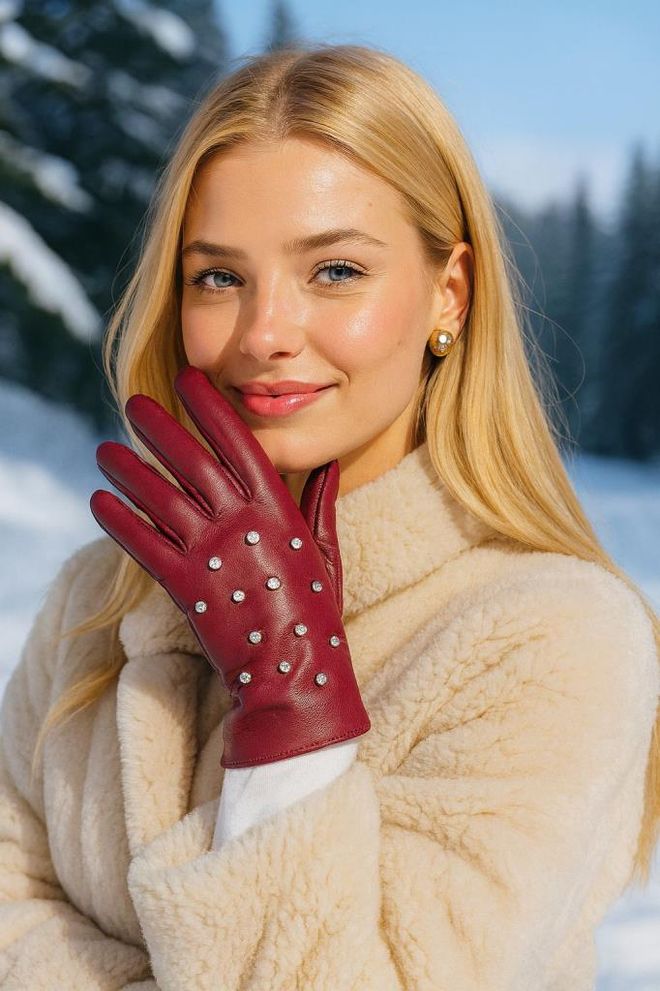 Axesoire Üzeri İncili Dokunmatik Pu Deri Eldiven Bordo Toptan Giyim 1