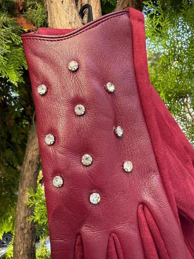 Axesoire Üzeri İncili Dokunmatik Pu Deri Eldiven Bordo Toptan Giyim 3