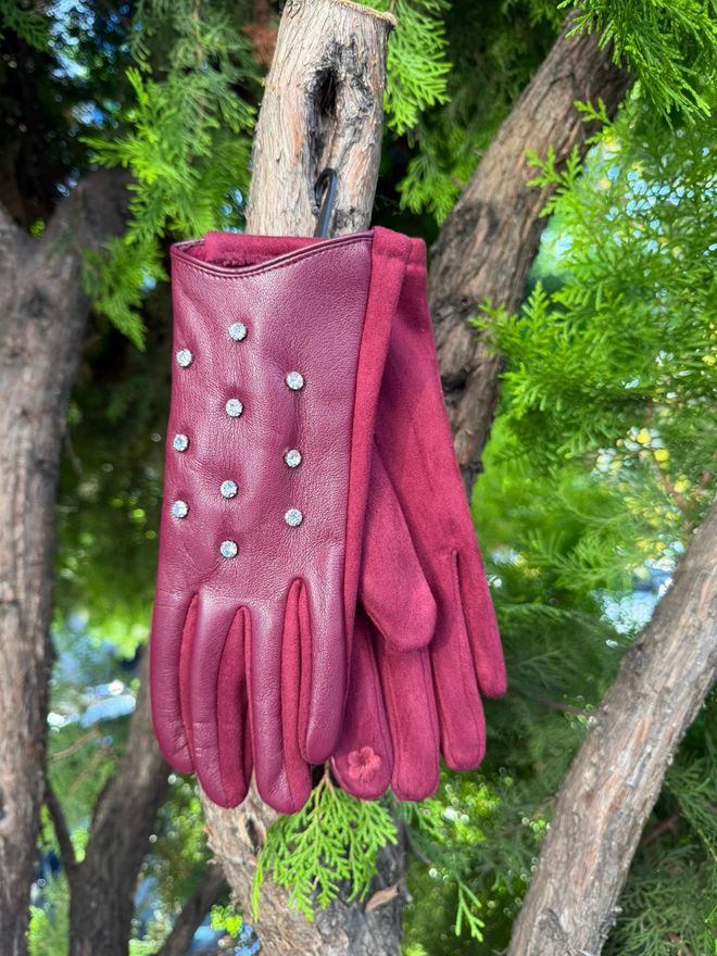 Axesoire Üzeri İncili Dokunmatik Pu Deri Eldiven Bordo Toptan Giyim 4