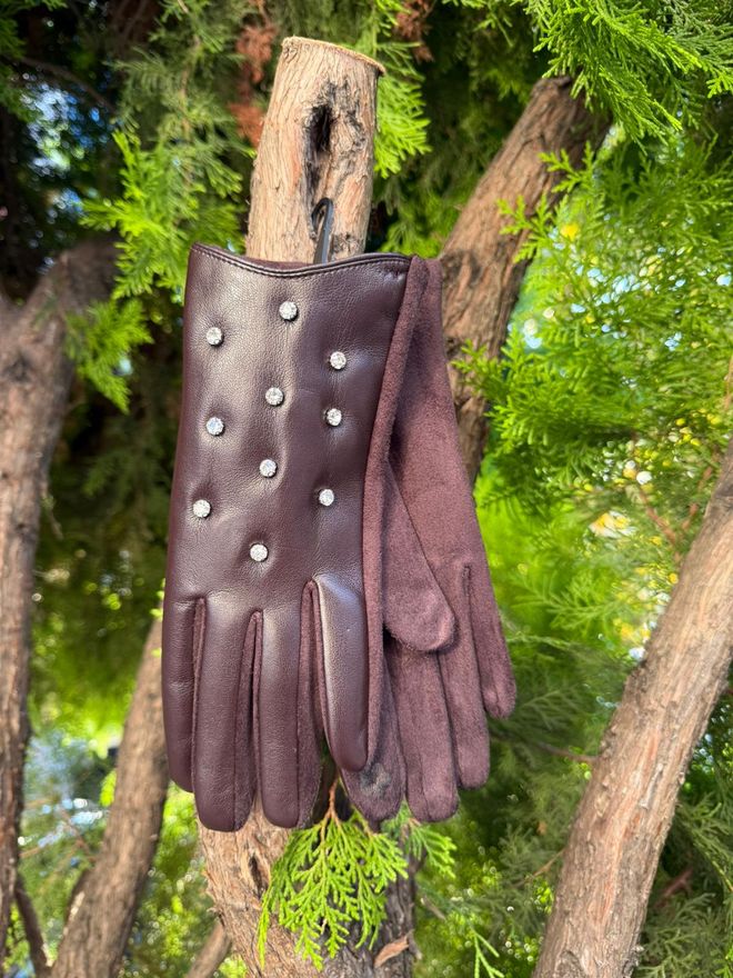 Axesoire Üzeri İncili Dokunmatik Kahve Deri Eldiven Toptan Giyim 1