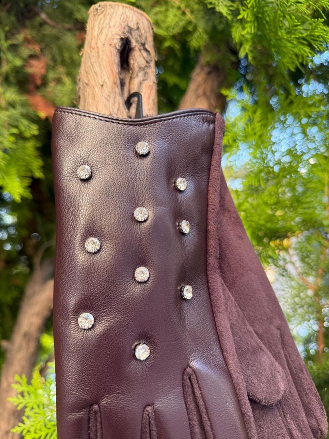 Axesoire Üzeri İncili Dokunmatik Kahve Deri Eldiven Toptan Giyim 2