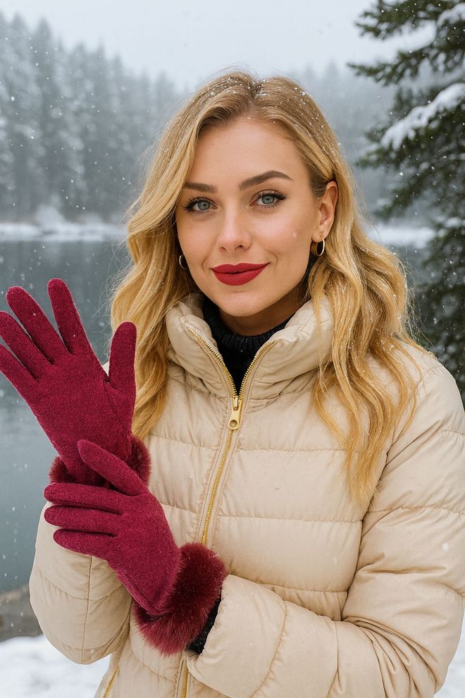 Axesoire Rękawice Dotykowe Z Futra Kostkowego Bordowy Hurtowa sprzedaż odzieży 0