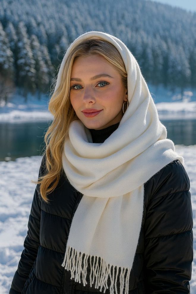 Axesoire Balta Kukli Vientisa Šalikė Žiemai Ir Rudeniui Didmeninė prekyba drabužiais Apykaklė su įkirpimu