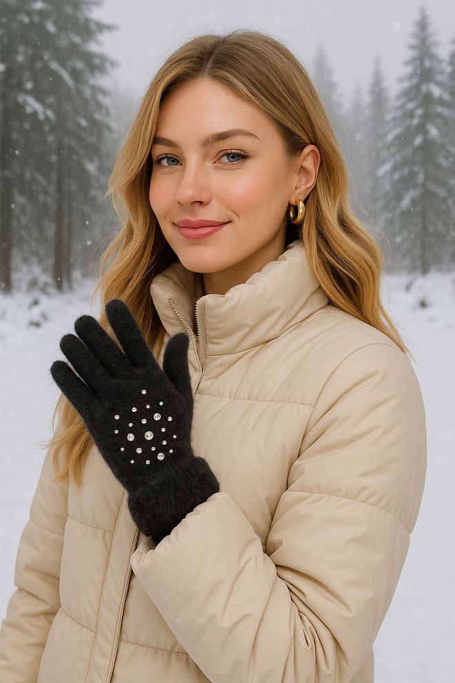 Axesoire Kalnų Krištolo Vidinės Kailio Plunksnos Pirštinės Juodos Didmeninė prekyba drabužiais 0