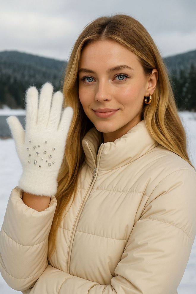 Axesoire Kalnų Krištolo Vidinės Kailio Plunksnos Pirštinės Ecru Didmeninė prekyba drabužiais 0