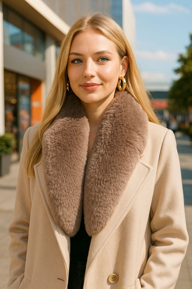 Axesoire Haină Bej Elegantă Cu Un Rând De Nasturi Și Blană Îmbrăcăminte cu ridicata Casual