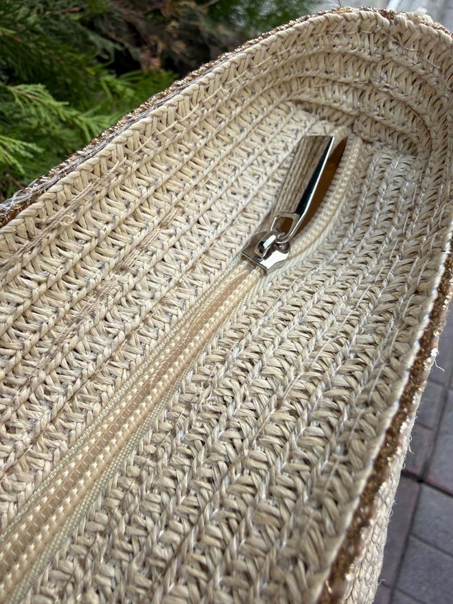 Axesoire Gestreepte Tas Van Stro 49x30 Cm Beige Groothandel Kleding 3