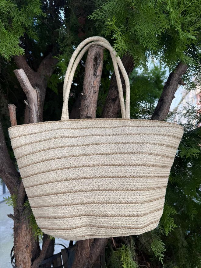 Axesoire Gestreepte Tas Van Stro 49x30 Cm Beige Groothandel Kleding 1