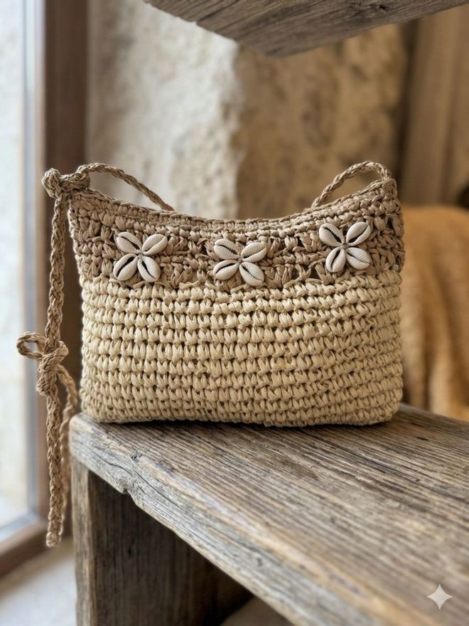 Axesoire Sea Shell Podrobna Ročno Pletena Slamnata Torba 28x21 Cm Bež Oblačila na debelo 0