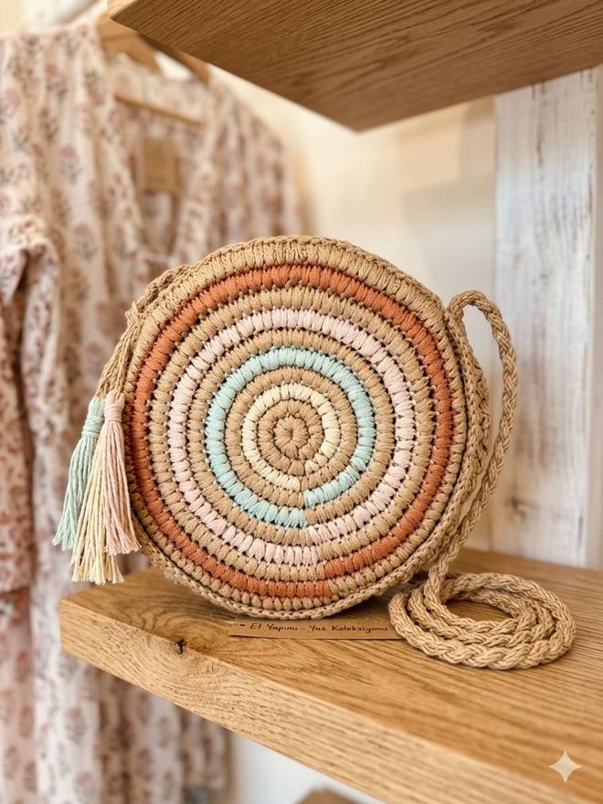 Axesoire Handgebreide Rieten Tas Met Minizak 28x29 Cm Camel Groothandel Kleding 0