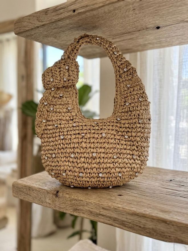 Axesoire Steen Tas Met Rietjes En Ritssluiting Camel Groothandel Kleding 0