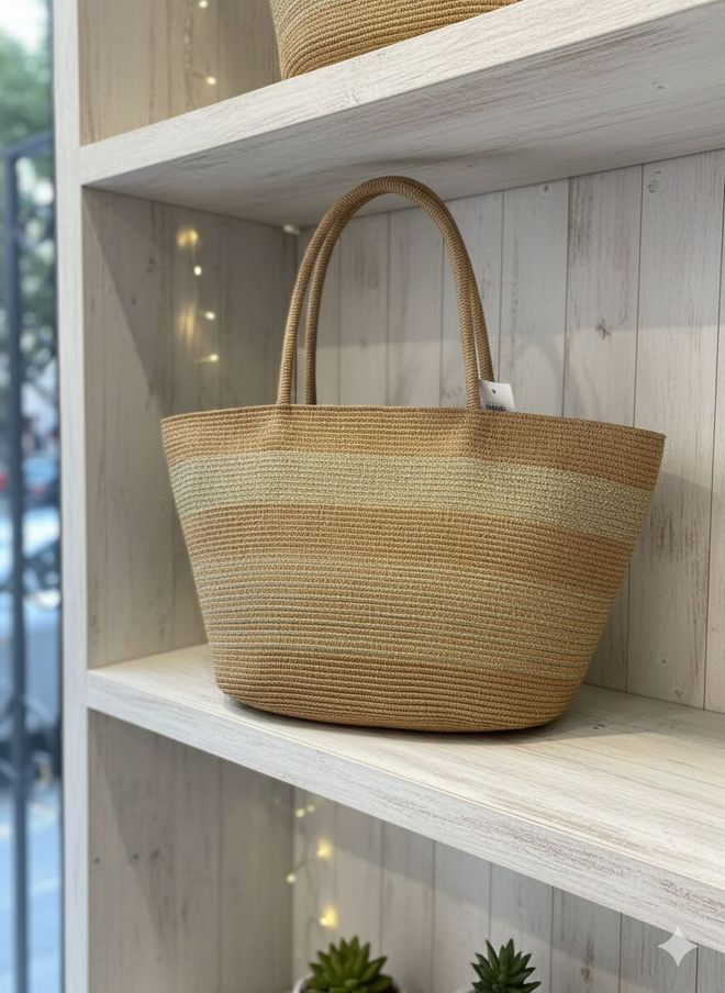 Axesoire Gestreepte Tas Van Stro 54x30 Cm Camel Groothandel Kleding 0