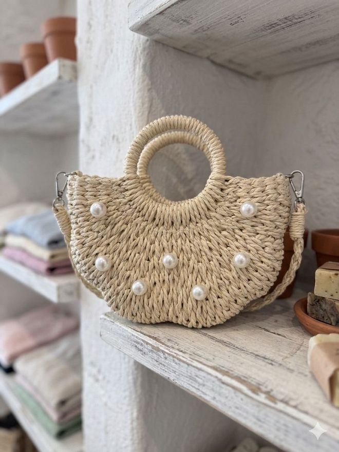 Axesoire Zakje Met Parelstro 22x21x7 Cm Beige Groothandel Kleding 0