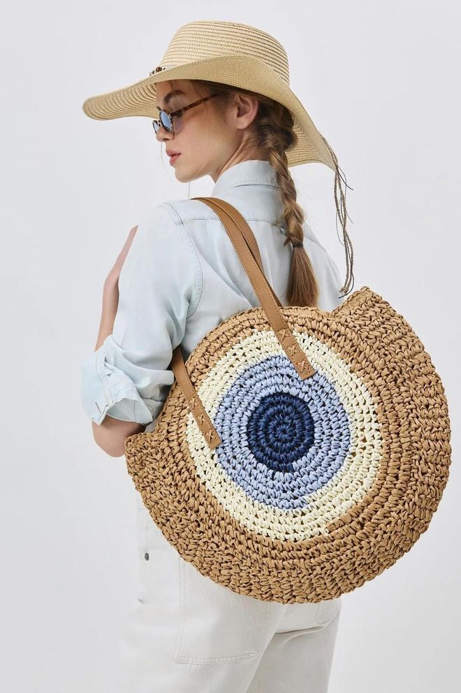 Axesoire Χειροποίητη Πλεκτή Ψάθινη Τσάντα Με Χάντρα Evil Eye Καμήλα Χονδρικό εμπόριο ενδυμάτων 0