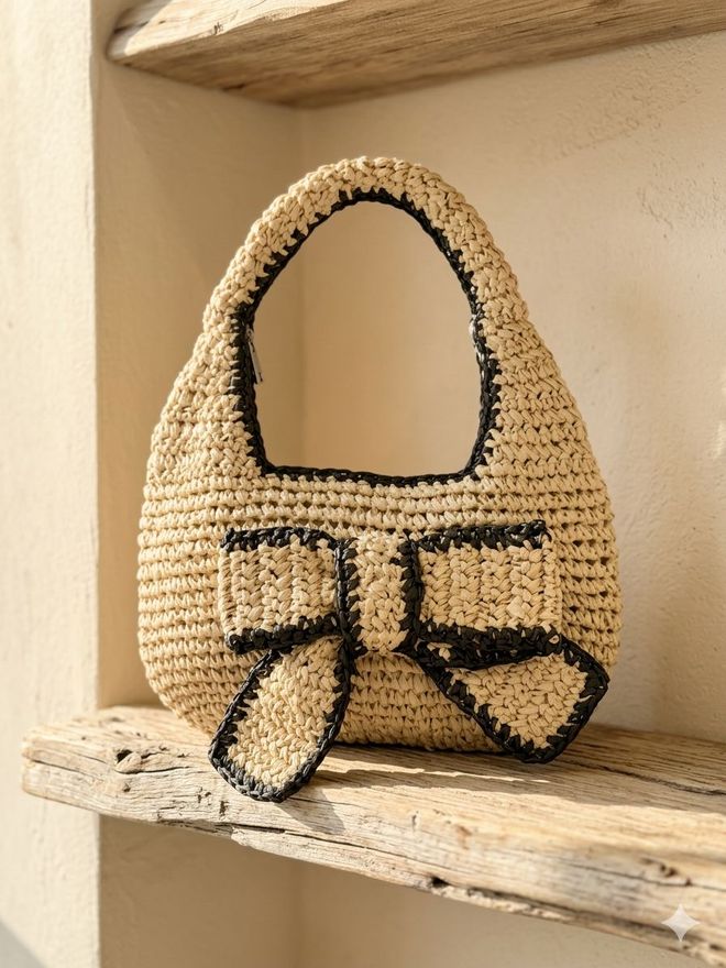 Axesoire Χειροποίητη Ψάθινη Τσάντα Με Λεπτομέρεια Φιόγκο Μπεζ Χονδρικό εμπόριο ενδυμάτων 0