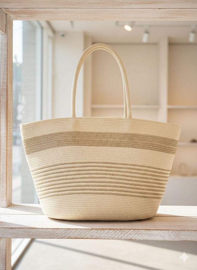 Axesoire Gestreepte Tas Van Stro 54x30 Cm Beige Groothandel Kleding 0