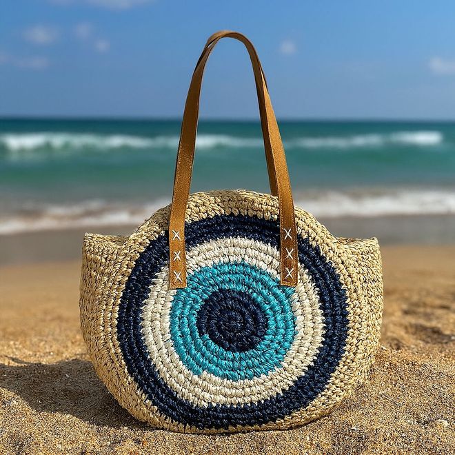 Axesoire Handgebreide Tas Met Geborduurde Rietjes Van Evil Eye Met Kralen Marineblauw Groothandel Kleding 0