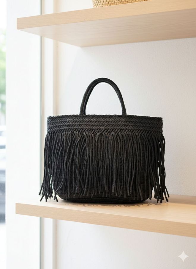 Axesoire Ψάθινη Τσάντα Με Κρόσσια 41x29 Cm Μαύρο Χονδρικό εμπόριο ενδυμάτων 0